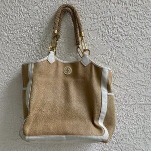 Tory Burch Raffia Hobo White Leather & Strawlike Body  Rope Handles Cruising Bag